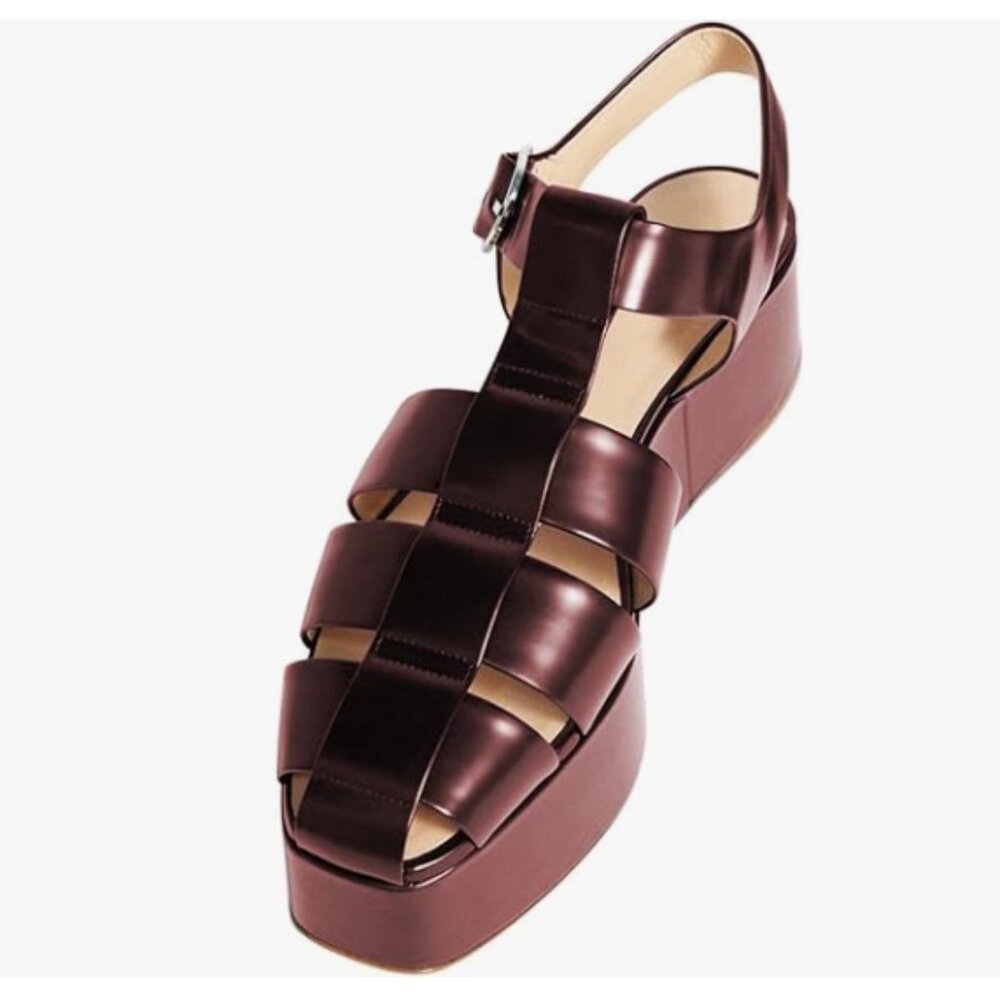 FOWT Red Square Toe Gladiator Sandals Ankle Strap Wedge High Heels Stable Shoes